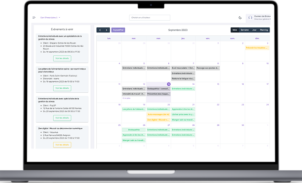 Ecran d'ordinateur présentant la vue calendrier de l'espace client Goalmap